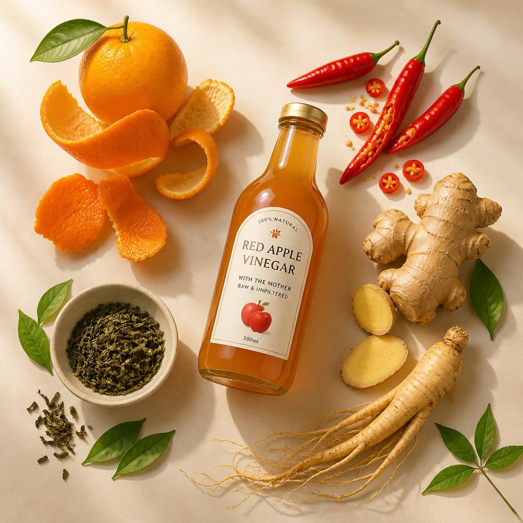 Natural ingredients: Seville orange peel, red apple vinegar, chili, ginger, green tea, ginseng